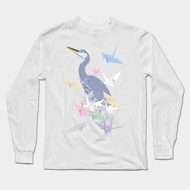 Crane with paper cranes Long Sleeve T-Shirt by Indigoego